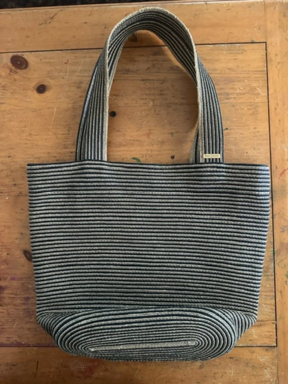 Eric Javits Squishee Purse, Tote Bag in Black & Beige Striped Woven Design -